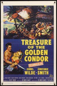 2d920 TREASURE OF THE GOLDEN CONDOR 1sh '53 art of Cornel Wilde grabbing girl & attacked by snake!
