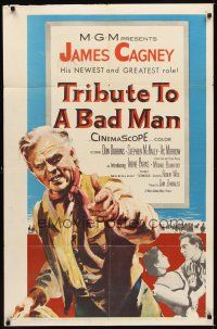 2d921 TRIBUTE TO A BAD MAN 1sh '56 great art of cowboy James Cagney, pretty Irene Papas!