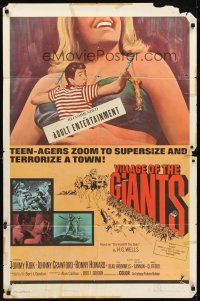 2d947 VILLAGE OF THE GIANTS 1sh '65 classic image of boy in gigantic sexy girl's cleavage!
