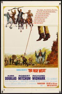 2d966 WAY WEST style B 1sh '67 Kirk Douglas, Robert Mitchum, great art of frontier justice!