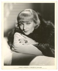 2g171 CAROLE LOMBARD deluxe 8x10 still '34 great sexy close up in fur coat laying on pillow!