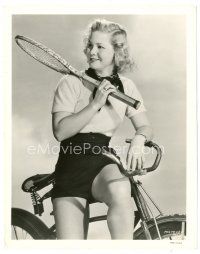 2g477 JUNE PREISSER 8x10 still '40 great close up sitting on bicycle & holding tennis racket!