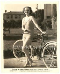 2g610 OLIVIA DE HAVILLAND 8x10 still '30s super young portrait in swimsuit standing by bicycle!