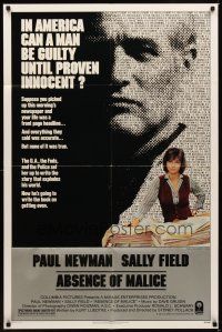 2j020 ABSENCE OF MALICE 1sh '81 Paul Newman, Sally Field, Sydney Pollack, cool design!