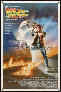 2j083 BACK TO THE FUTURE 1sh '85 Robert Zemeckis, art of Michael J. Fox & Delorean by Drew!