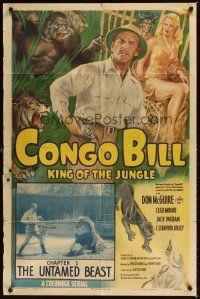 2j230 CONGO BILL chapter 1 1sh '48 Don McGuire, sexy Cleo Moore, The Untamed Beast!