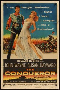 2j231 CONQUEROR style A 1sh '56 barbarian John Wayne grabs half-dressed sexy Susan Hayward!
