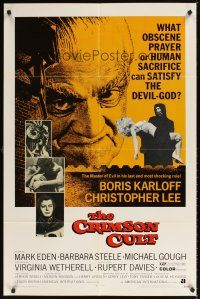2j244 CRIMSON CULT 1sh '70 Boris Karloff, Christopher Lee, what can satisfy the devil-god?