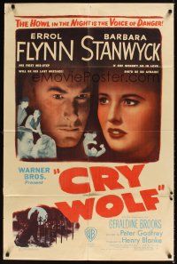 2j251 CRY WOLF 1sh '47 cool close image of Errol Flynn & Barbara Stanwyck!