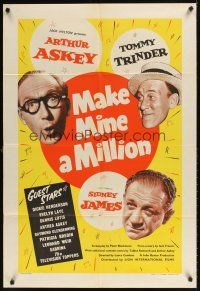 2j544 MAKE MINE A MILLION English 1sh '59 Lance Comfort, Arthur Askey, Sabrina, English comedy!