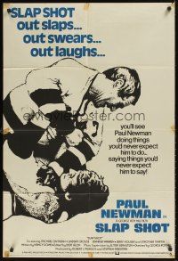 2j773 SLAP SHOT English 1sh '77 cool different image of hockey player Paul Newman in fight!