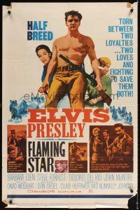 2j355 FLAMING STAR 1sh '60 Elvis Presley playing guitar & close up with rifle, Barbara Eden
