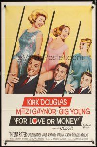2j366 FOR LOVE OR MONEY 1sh '63 Kirk Douglas carries sexy Mitzi Gaynor, Thelma Ritter!