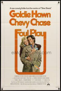 2j369 FOUL PLAY 1sh '78 wacky Lettick art of Goldie Hawn & Chevy Chase, screwball comedy!