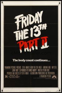 2j375 FRIDAY THE 13th PART II advance teaser 1sh '81 slasher horror sequel, body count continues!