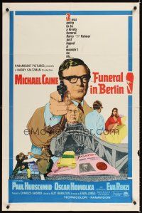 2j379 FUNERAL IN BERLIN 1sh '67 cool art of Michael Caine pointing gun, directed by Guy Hamilton!