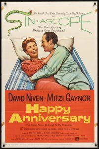 2j414 HAPPY ANNIVERSARY 1sh '59 great romantic art of David Niven & Mitzi Gaynor in bed!