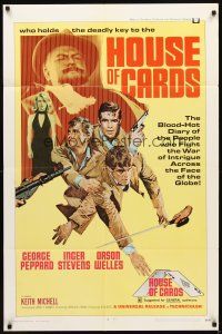 2j441 HOUSE OF CARDS 1sh '69 George Peppard, Orson Welles, cool playing card art!