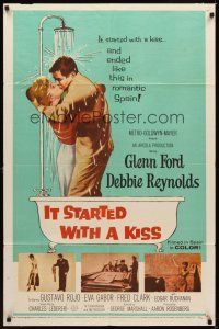 2j469 IT STARTED WITH A KISS 1sh '59 Glenn Ford & Debbie Reynolds kissing in shower in Spain!