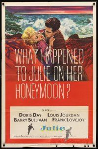 2j477 JULIE 1sh '56 what happened to Doris Day on her honeymoon with Louis Jourdan?