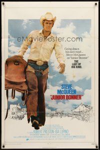 2j478 JUNIOR BONNER 1sh '72 full-length rodeo cowboy Steve McQueen carrying saddle!
