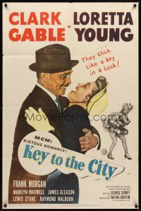 2j479 KEY TO THE CITY 1sh '50 Clark Gable & Loretta Young click like a key in a lock!