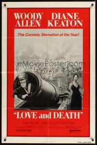 2j527 LOVE & DEATH style C 1sh '75 Diane Keaton about to fire Woody Allen out of a cannon!
