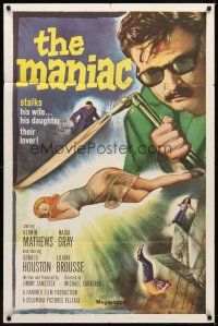 2j551 MANIAC 1sh '63 Kerwin Mathews, Hammer, he stalks his wife, his daughter, their lover!
