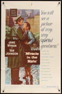 2j568 MIRACLE IN THE RAIN 1sh '56 great romantic art of Jane Wyman & Van Johnson!