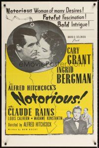 2j610 NOTORIOUS 1sh R54 close up of Cary Grant & Ingrid Bergman, Alfred Hitchcock classic!