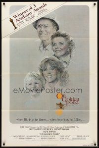 2j626 ON GOLDEN POND 1sh '81 art of Katharine Hepburn, Henry Fonda, and Jane Fonda by C.D. de Mar!