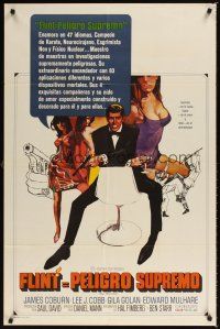 2j635 OUR MAN FLINT Spanish/U.S. 1sh '66 Bob Peak art of James Coburn, sexy James Bond spy spoof!