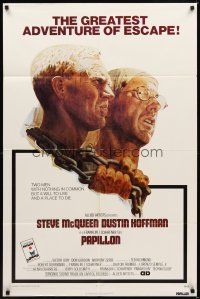 2j644 PAPILLON 1sh '73 art of prisoners Steve McQueen & Dustin Hoffman by Tom Jung!