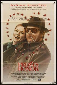 2j679 PRIZZI'S HONOR 1sh '85 cool art of smoking Jack Nicholson & Kathleen Turner w/bullet holes!