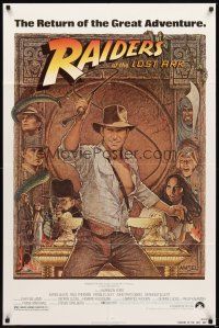 2j688 RAIDERS OF THE LOST ARK 1sh R82 great art of adventurer Harrison Ford by Richard Amsel!
