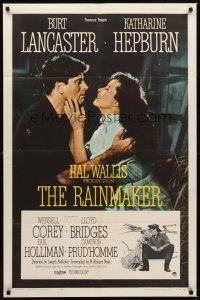 2j690 RAINMAKER 1sh '56 great romantic close up of Burt Lancaster & Katharine Hepburn!
