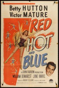 2j696 RED, HOT & BLUE style A 1sh '49 sexy dancer Betty Hutton in skimpy outfit, Victor Mature!