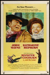 2j722 ROOSTER COGBURN 1sh '75 great art of John Wayne with eyepatch & Katharine Hepburn!