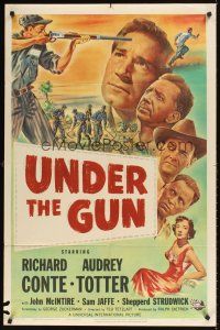 2j907 UNDER THE GUN 1sh '51 convict Richard Conte on the run, sexy Audrey Totter!
