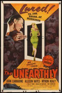 2j910 UNEARTHLY 1sh '57 John Carradine & sexy Sally Todd lured to the house of monsters!