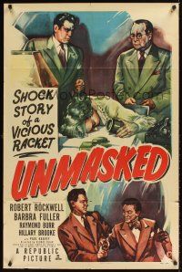 2j912 UNMASKED 1sh '50 Robert Rockwell, Raymond Burr, shock story of a vicious racket!