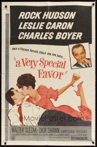 2j920 VERY SPECIAL FAVOR 1sh '65 Charles Boyer, Rock Hudson tries to unwind sexy Leslie Caron!