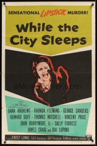 2j954 WHILE THE CITY SLEEPS style A 1sh '56 image of Lipstick Killer's victim, Fritz Lang noir!