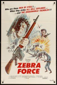 2j997 ZEBRA FORCE 1sh '76 Mike Lane, all hell explodes, action artwork of men of steel!