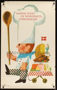 2k506 DANISH FOOD IN WONDERFUL COPENHAGEN Danish travel poster '63 cute art of chef & food!