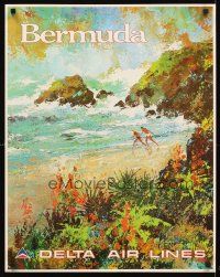 2k458 DELTA AIRLINES: BERMUDA travel poster '70s Jack Laycox artwork of the beach!