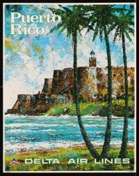 2k457 DELTA AIRLINES PUERTO RICO travel poster '70s cool Laycox artwork of seaside fort!