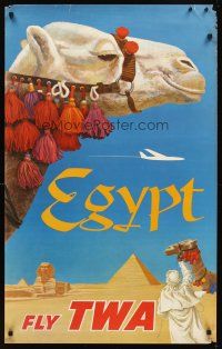 2k395 FLY TWA EGYPT travel poster '60s David Klein art of camel & pyramids!