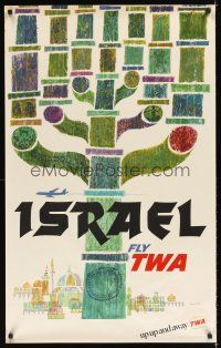 2k396 FLY TWA ISRAEL travel poster '60s art of Menorah & Jerusalem by David Klein!