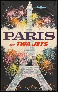 2k398 FLY TWA JETS PARIS travel poster '60s Klein art of Eiffel Tower & fireworks!